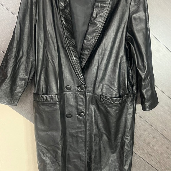 International Leather Women M Genuine Leather Longline Coat Button Black Vintage - Picture 3 of 10